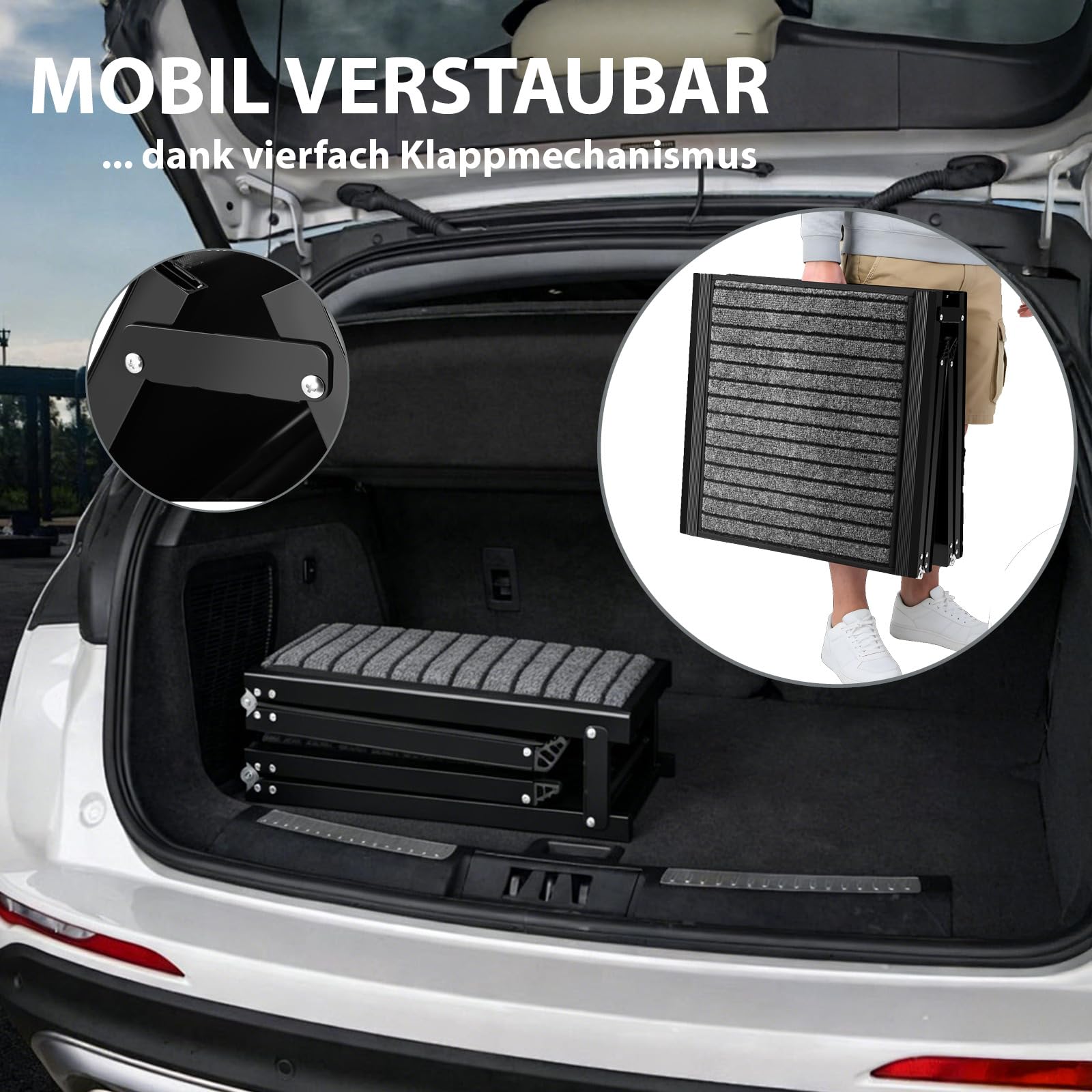 TRUTZHOLM Hunderampe klappbar 180 cm, Autorampe für Hunde, bis 130 kg Tragkraft, 4-Fach klappbar, Aluminium, rutschfeste Teppichoberfläche, Sicherheitsgurt, Einstiegshilfe für Auto, SUV, Sofa, Bett