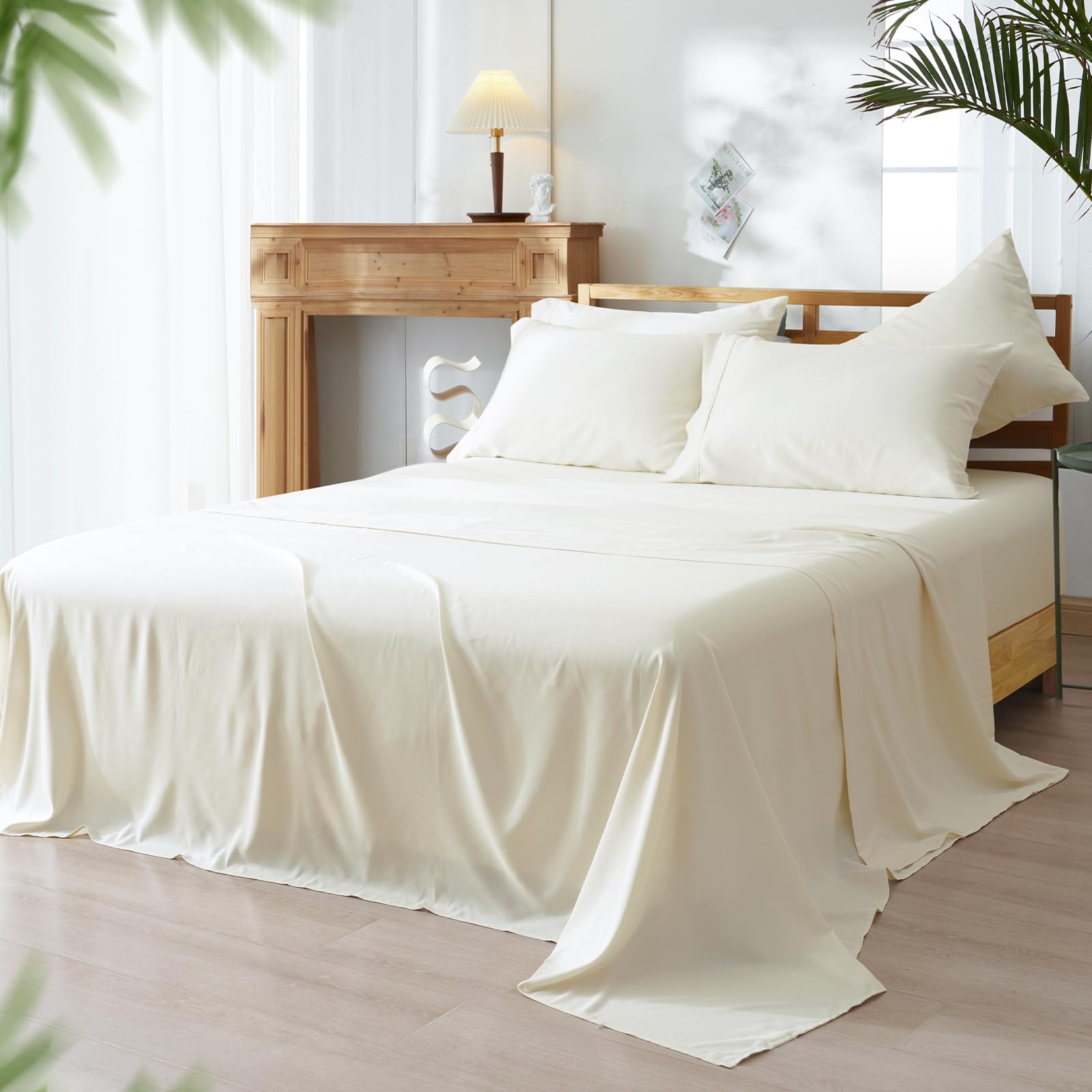 phf cooling sheets set queen size, rayon derived from bamboo & polyester, 6pcs breathable & wrinkle free silky soft bedding sheets, wider elastic band, 16" deep pocket bedding set & pillowcase, cream