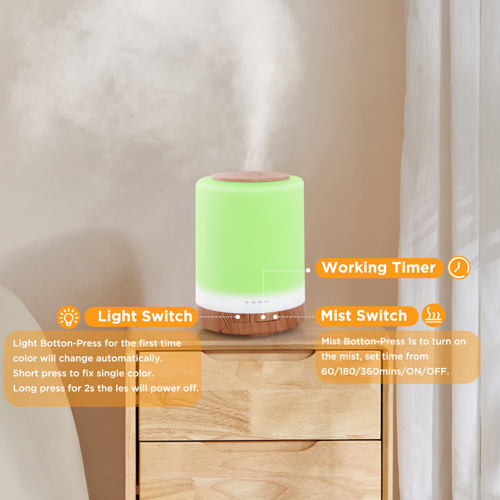 WD&CD Diffusore di Aromi, 300ml Umidificatore Ultrasuoni con Telecomando/7 LED Colori/Spegnimento Automatico, Diffusore di Oli Essenziali per Spa,Yoga,Camera da Letto - Venatura del Legno Chiaro