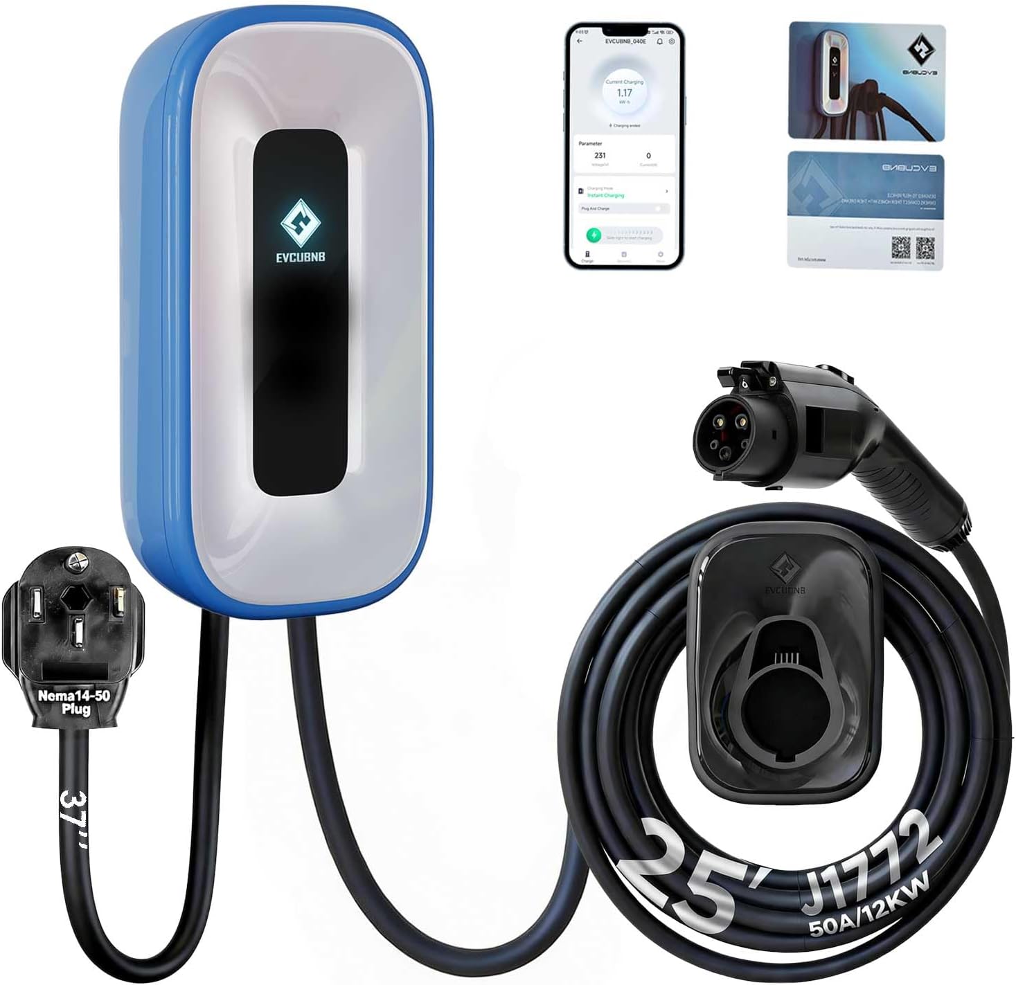 EV Charger Level 2，50 Amp/240V Charge Station, Indoor/Outdoor EVSE, 25Ft Cable Level 2 ev Charger, WiFi/APP/RFID/Bluetooth (NEMA14-50 Plug or Hardwired)