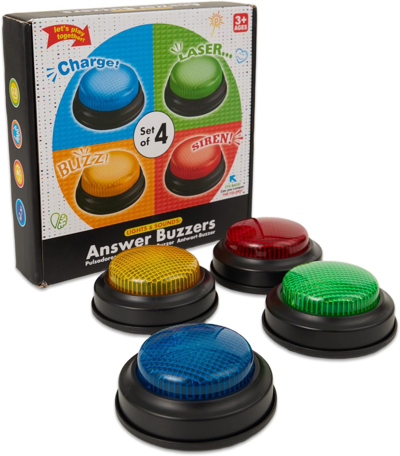 Set of 4 Buzzers for Trivia Games, Answer Buzzers for Classroom, Family Feud Buzzers with Lights and Sound Game Show Buzzer Buttons Funny Gifts for Adults Family Office Teacher Supplies