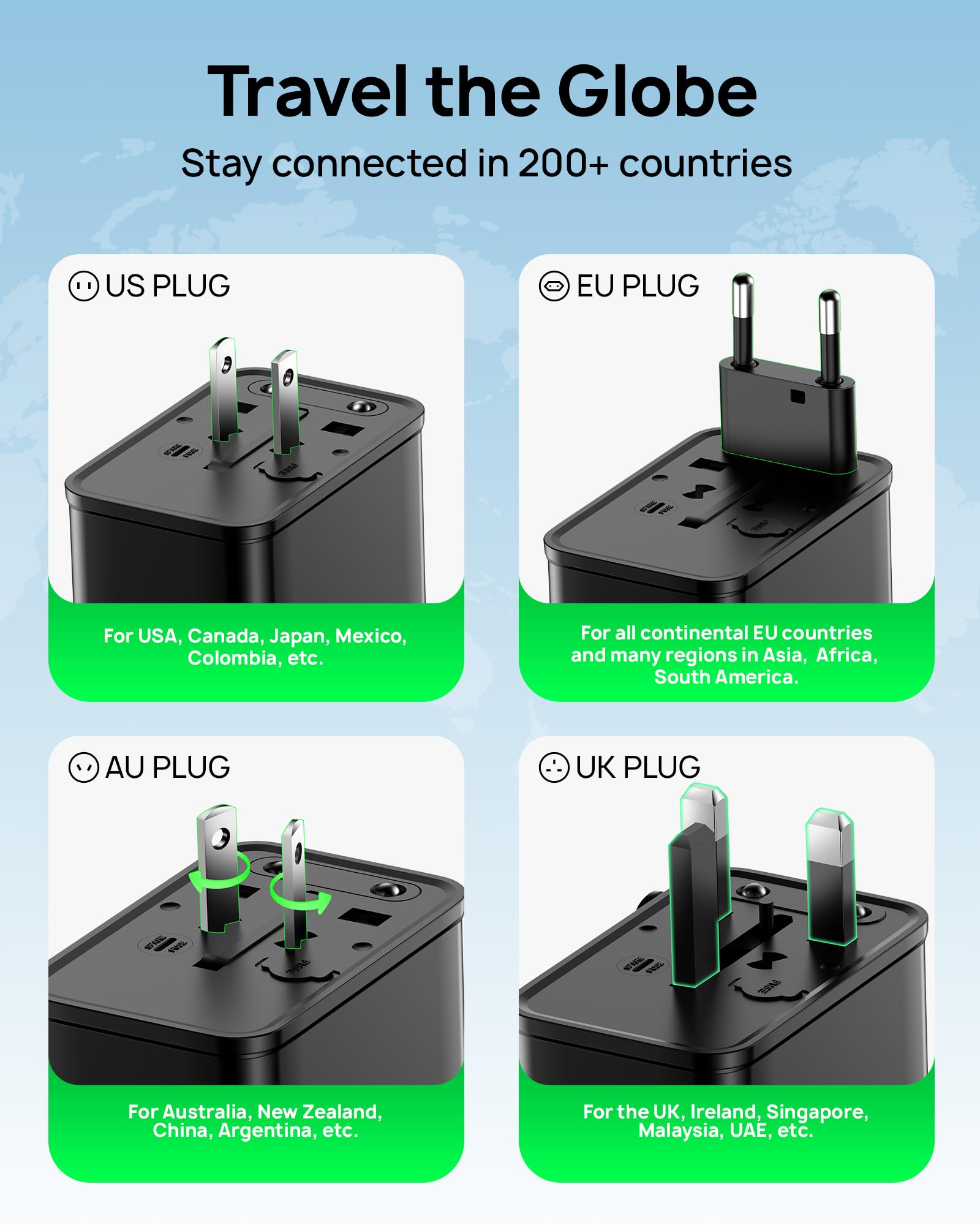 Adattatore da viaggio 75W, adattatore universale europeo GaN a ricarica rapida con 5 porte (1 AC, 1 USB-A e 3 USB-C), spina adattatore con chip intelligente per oltre 200 paesi, caricabatterie PD & QC