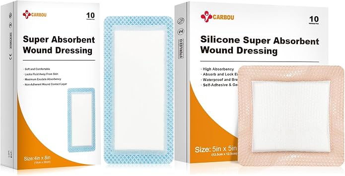Carbou Super Absorbent Wound Dressing 4"x 8" Pack of 10 + Silicone Super Absorbent Wound Dressing 5"x 5" Pack of 10