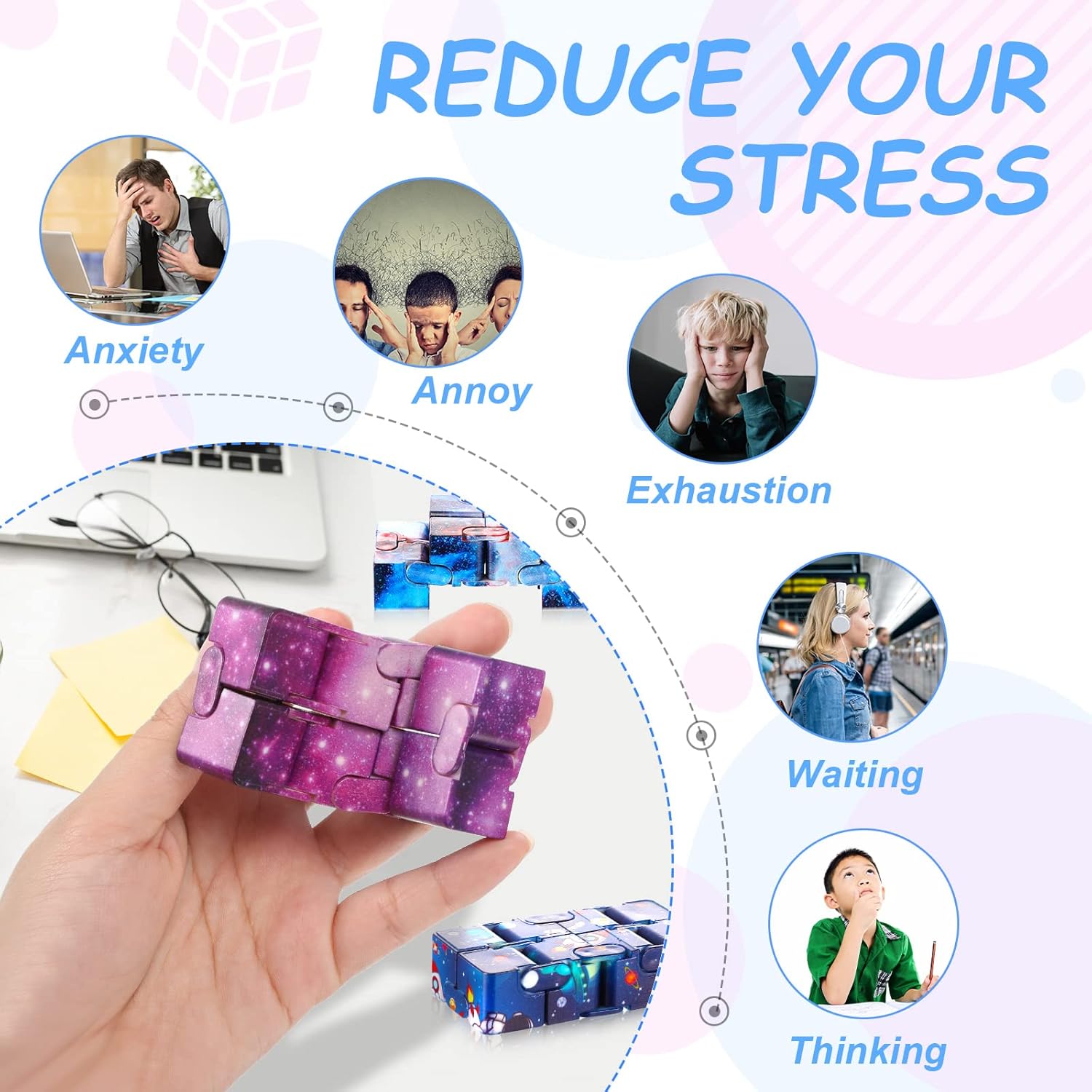 Galaxy 20 Pcs Cubes Bulk Gifts Space Astronaut Sensory Stress Anxiety Relief Cool Hand Mini Kill Time Cube Stuffers for ADHD Adults, 5 Styles(Graceful Style)