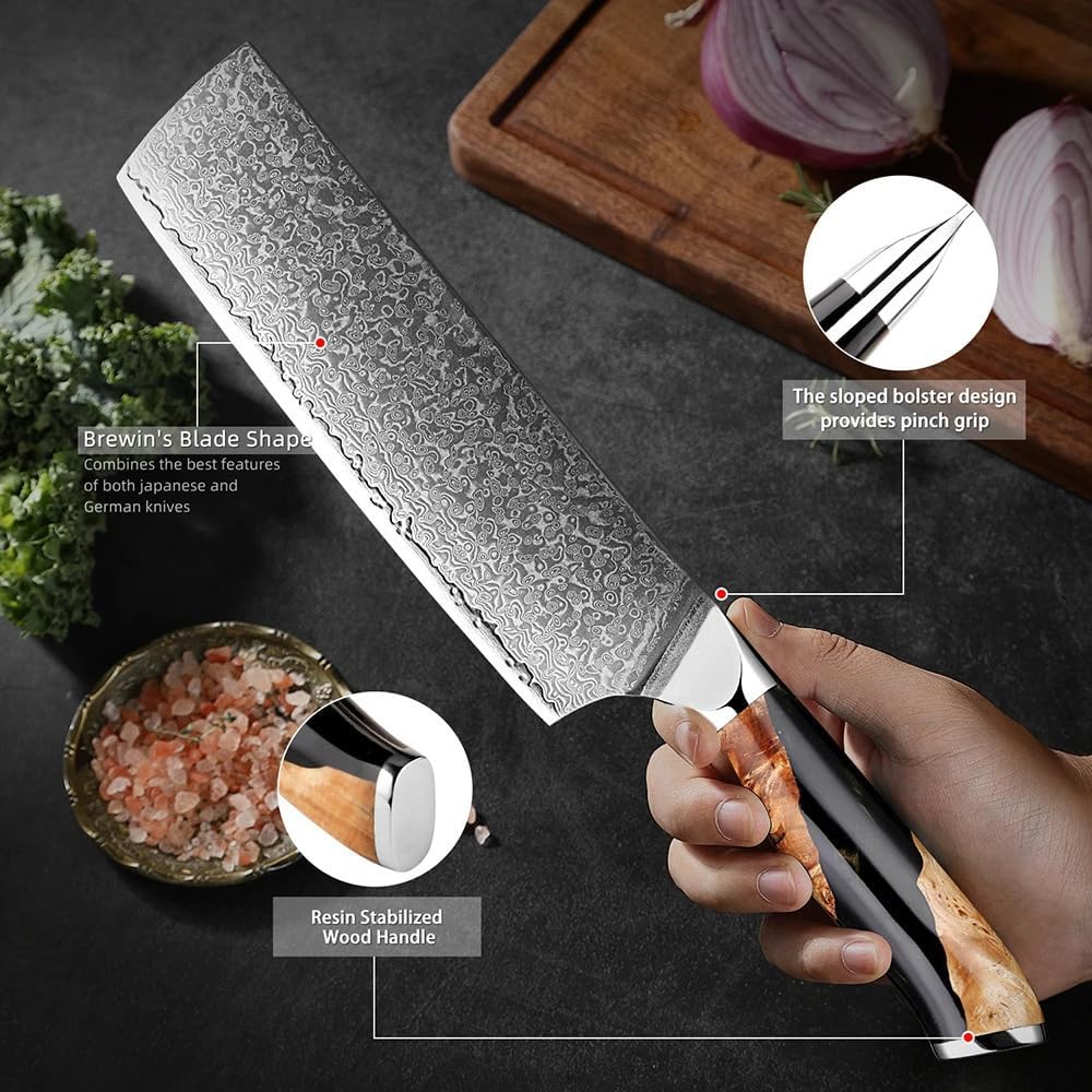 6 Pcs Damascus Steel Knife Set, 67 Layers VG10 Professional Chef Knives with Black and Light Wood Resin Handle, Includes Santoku Cleaver Boning Paring Steak Curved Fruit Knife