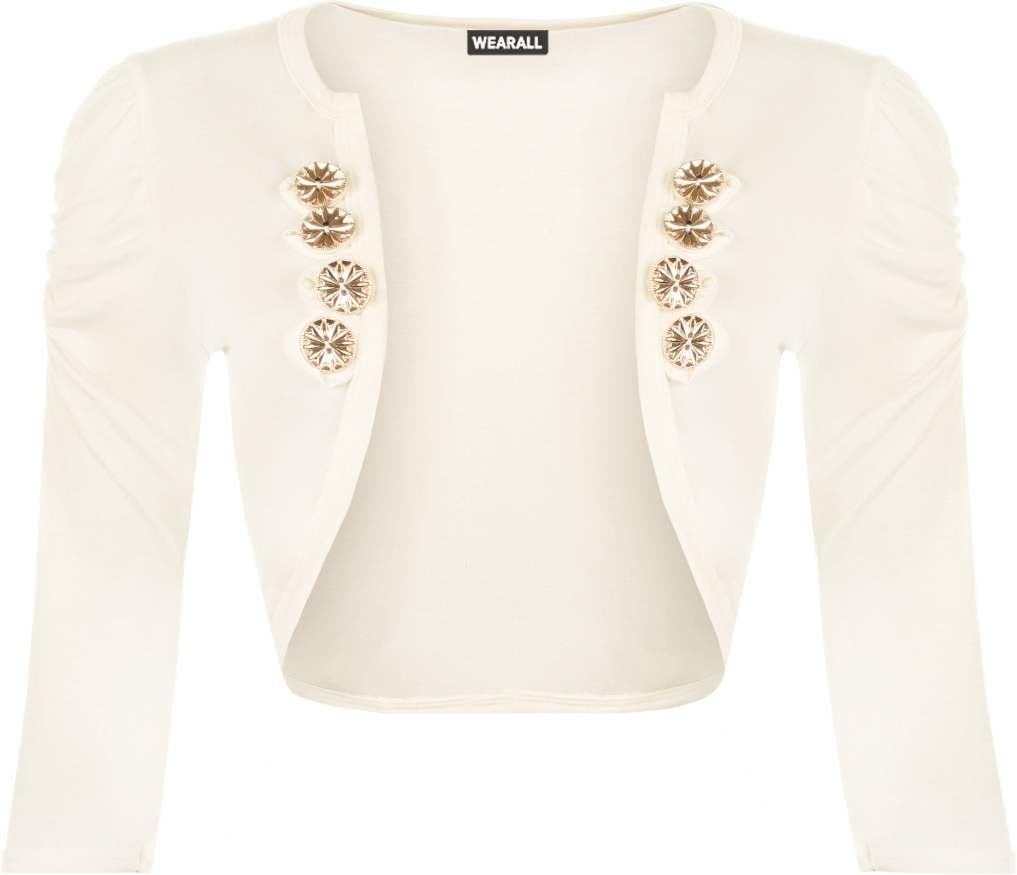 WearAll Ladies Button Design Stretch Shrug Cardigan Ruched Short Sleeve Womens Top Cream 12/14