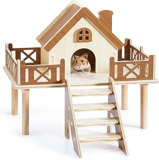 Wooden Hamster Platform and Dwarf Hamster House, Hamster Cage Platform With Climbing Ladder, Cute Syrian Hamster Hideout, Hamster Cage Accessories Platform for Putting Food Bowl, Hamster Gerbil Castle