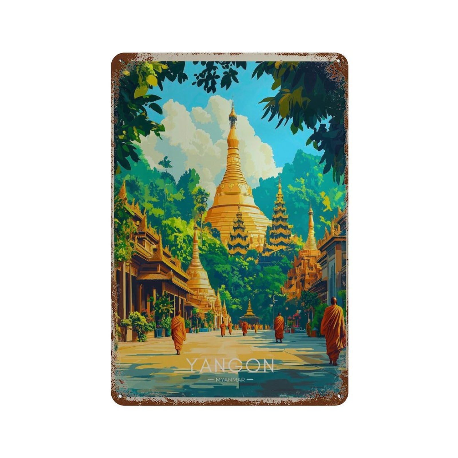 xiaoxiaoshen Yangon Travel Myanmar Buddhist Wall Decor Art Metal Tin Poster Modern Home Decor Art Home Bar Shop Decorations Vintage Sign 30x20cm