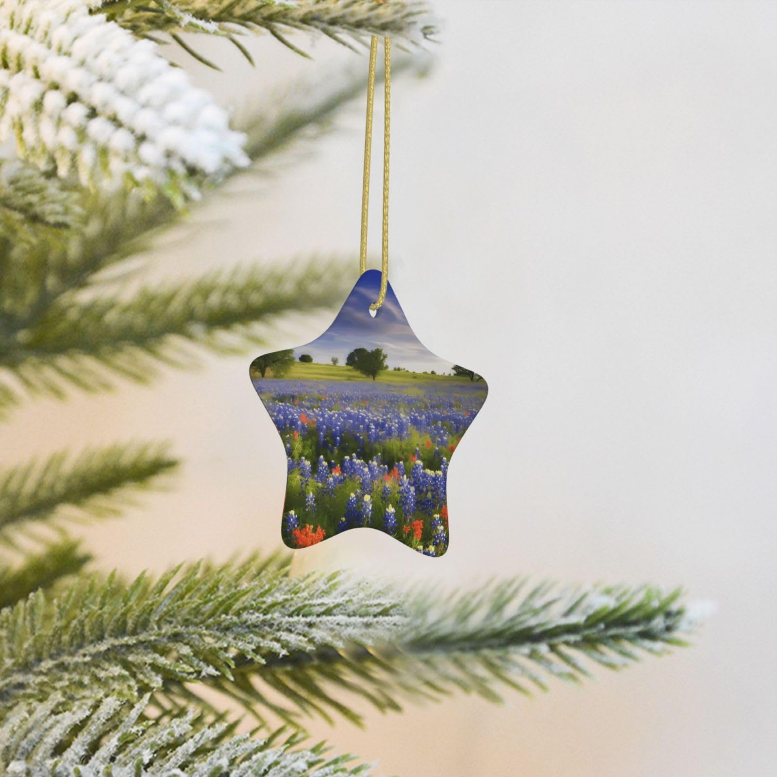 Christmas Tree Decoration Hanging Star Ornament Texas Bluebonnets Scenery Ceramic Ornaments Christmas Tree Decorations Star Pendants for Xmas Tree Winter New Year Wedding Party Supplies