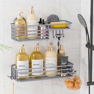 LEVERLOC Suction Cup Shower Caddy, Shower Shelves with Hooks, Grey | Rustproof Shower Caddies, Shower Soap Holder, 2 Pack Shower Organizer, No Dill Shower Rack, Heavy Duty Shower Basket