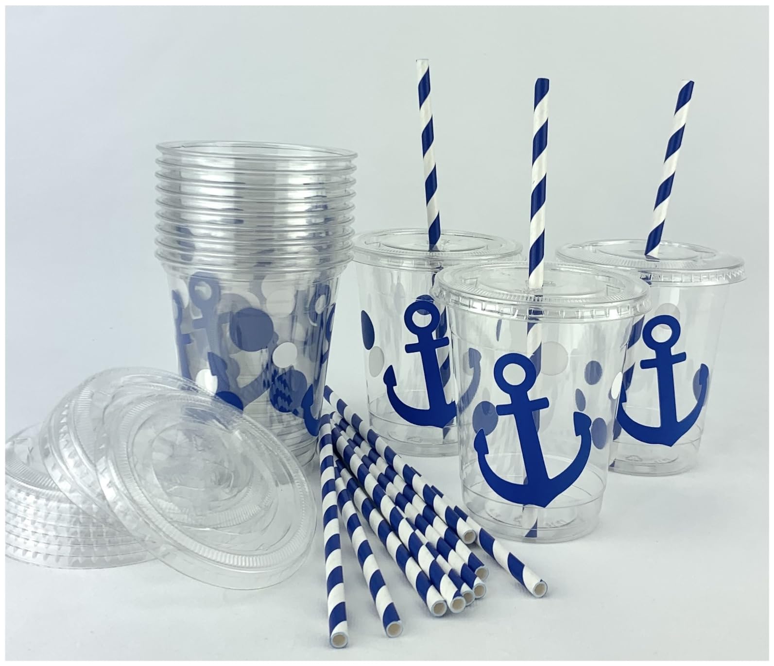 Blue Anchor Cups, Nautical Party Supplies, Plastic Disposable Cups, Slot Lids, Paper Straws, Set of 12