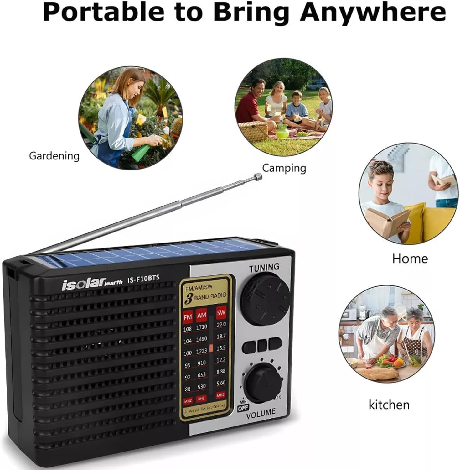 ikaufen Solar Portable FM/AM SW Radio Digital Bluetooth Speaker MP3 Player Rechargeable Comes with a Flashlight and Wrist Strap