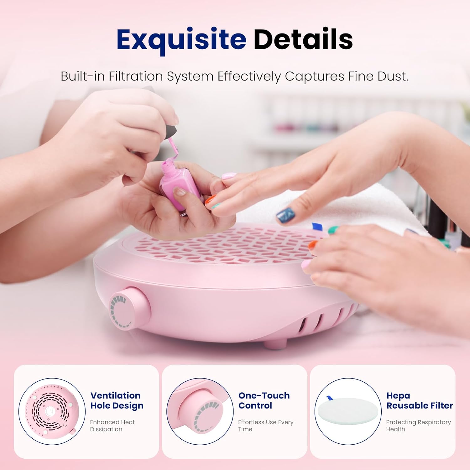 Nail Dust Collector, 4500RPM Powerful Suction Pink Nail Vacuum with Reusable Filter and Brush, Stepless Speed Control for Acrylics & Gels, Salon Tech & Home Essentials