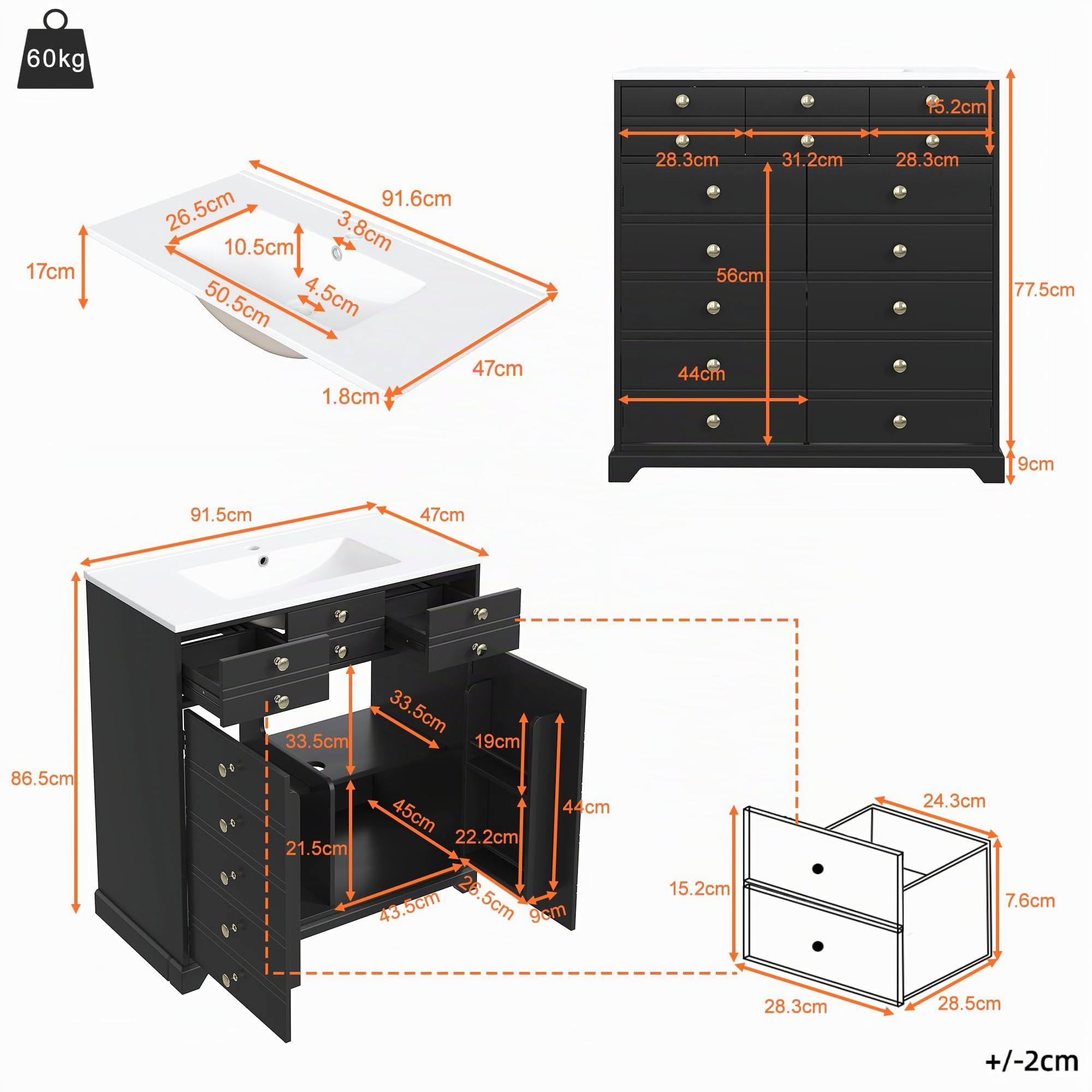 Waschbeckenschrank mit Vielseitiger Stauraum, Badezimmerschrank mit 2 Schubladen und Verstellbare Einlegeböden, Keramikwaschbecken, Moderner Badmöbel, Schwarz-D, 91.5x47x86.5 cm
