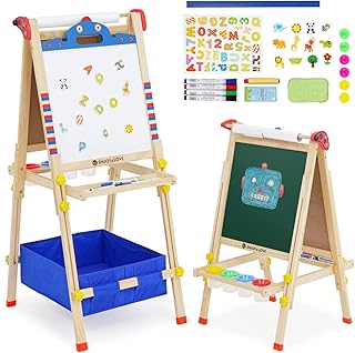 NUKied Wooden Easel for Kids Art Easel Double-Sided Whiteboard & Chalkboard Standing Easel with Paper Roll & Multi-Storage Bags for Children Toddlers Gifts for Boys and Girls