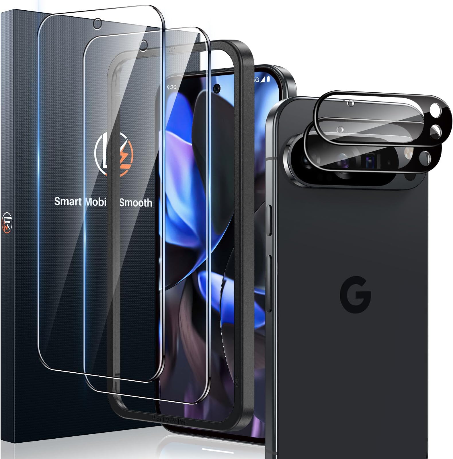 LK2+2 Pack Screen Protector for Google Pixel 9 Pro, 2pcs Tempered Glass Screen Protector & 2pcs Camera Lens Protector for 9 Pro, Support Fingerprint Unlock, HD Screen, Anti-Scratch, Easy Installation