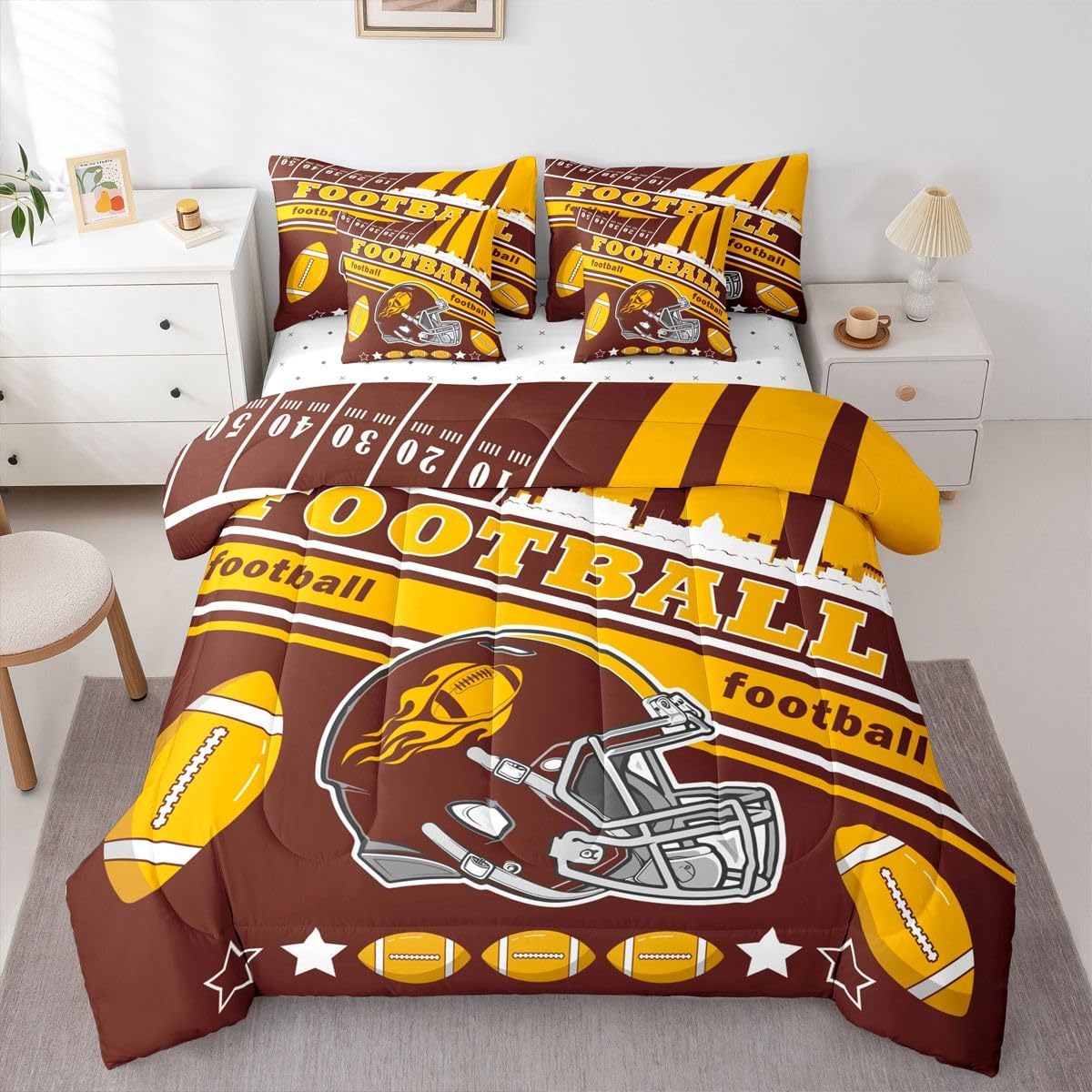 Feelyou Football 7 Pieces Comforter Sets Twin Size Kids Rugby Sports Bedding Set for All Season Football City Bed in a Bag with Comforter, Sheets, Pillowcases & Cushion Cover