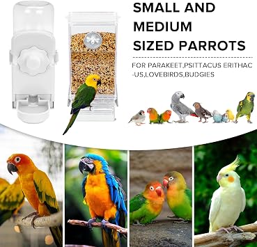 No Mess Bird Feeder Water Dispenser Set, Parakeet Cage Accessories, Bird Feeder and Waterers in Cage for Cockatiels, Finches, Lovebirds, Budgies, Canaries