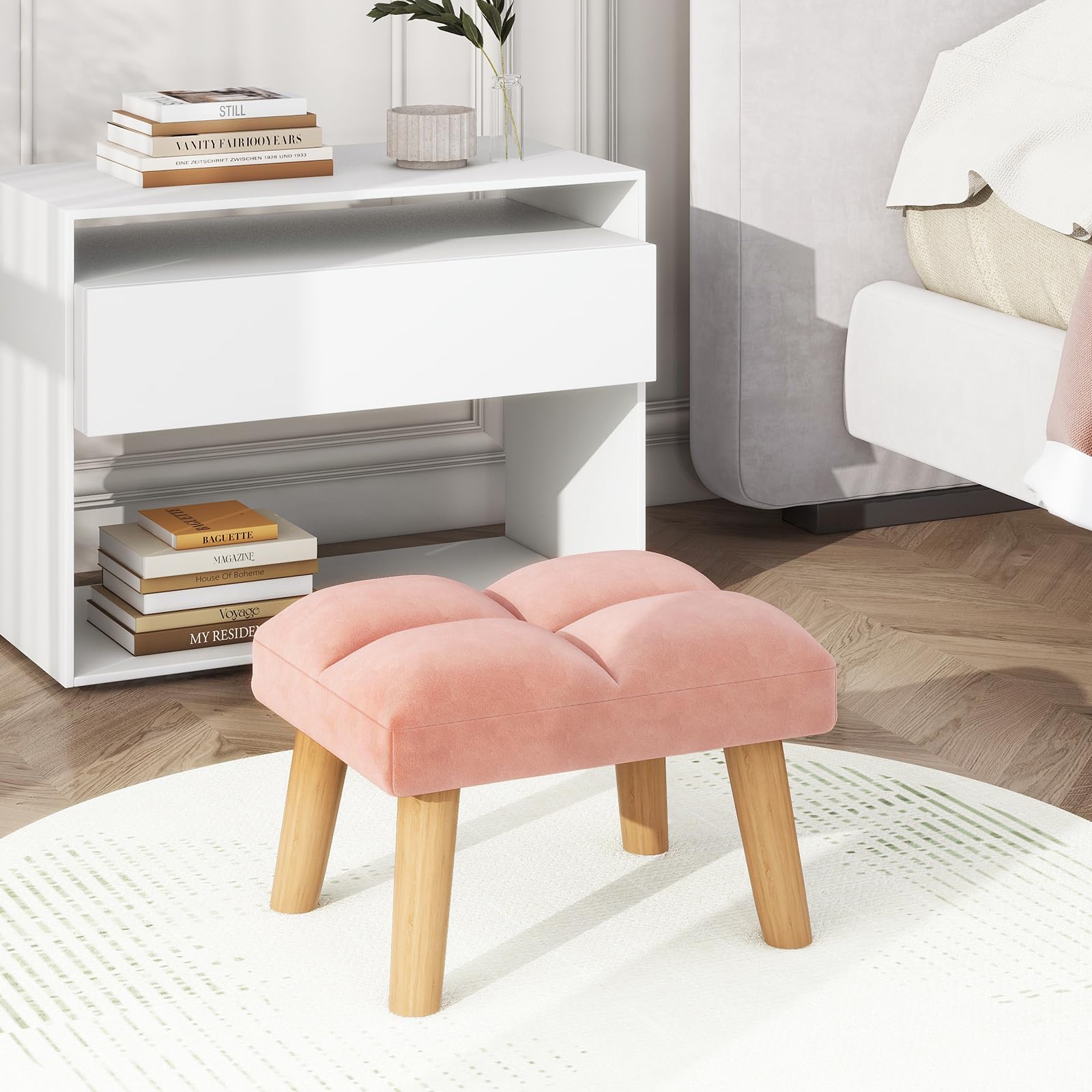 YMYNY Poggiapiedi sotto la scrivania, piccolo sgabello ottomano con gambe in legno, moderno poggiapiedi imbottito in velluto, poggiapiedi per soggiorno, ingresso 40 x 30 x 27 cm, rosa, HBD032P