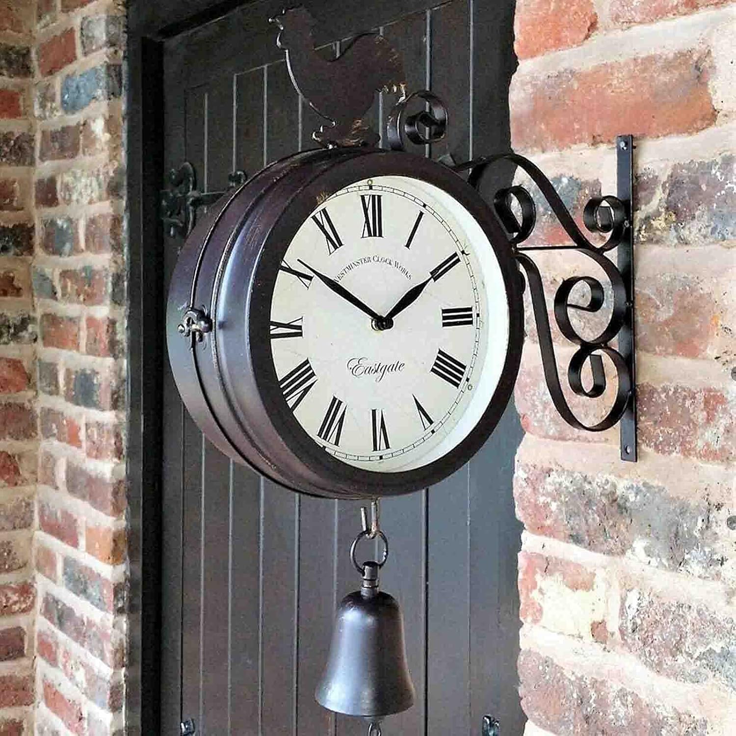 Outdoor Garden Wall Clock Hanging Wall Clock with Cockerel Bell Shape Outdoor Wrought Iron Garden Clock Innovative Fashion Double-Sided Wall Metal Clock - Wall Clocks Vintage