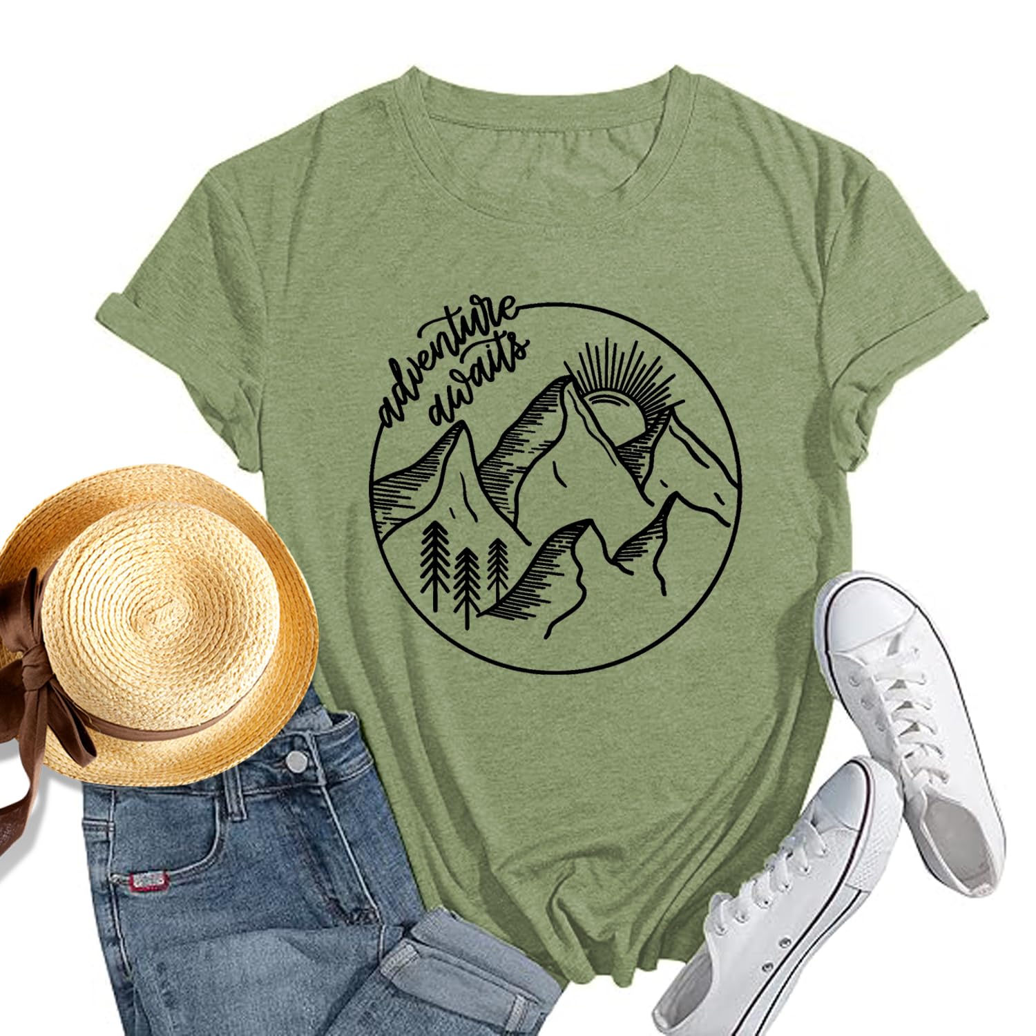 Women Mountain Shirts and So The Adventure Begins Tshirt Sunshine Moon Nature Pine Graphic Tees Heart Let's Go Find It Top