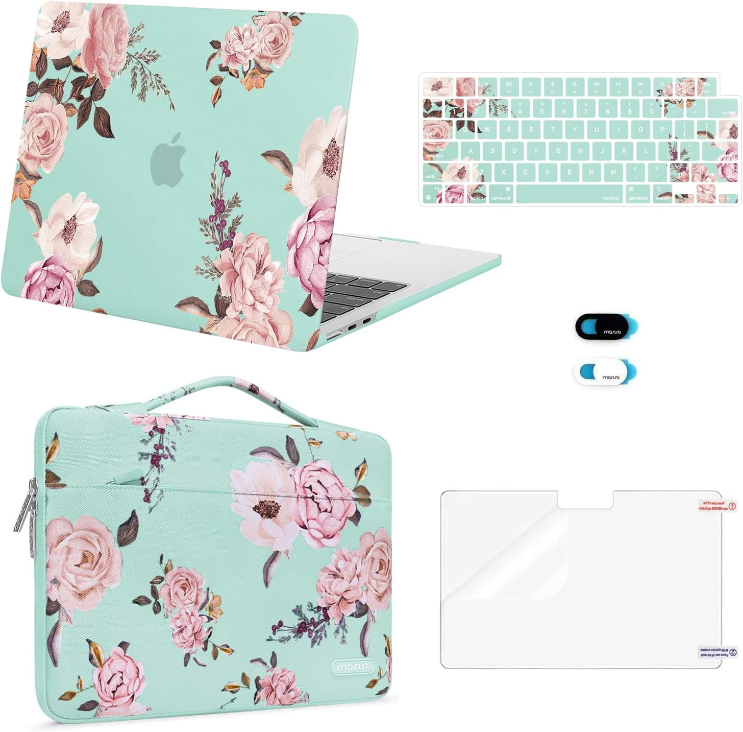 MOSISO Compatible with MacBook Air 13 inch Case 2026 2025 2024 2023 2022 M4 A3240 M3 A3113 M2 A2681, Peony Hard Shell&Sleeve Bag&Keyboard Cover&Webcam Cover&Screen Film for MacBook Air 13.6 Case,Green