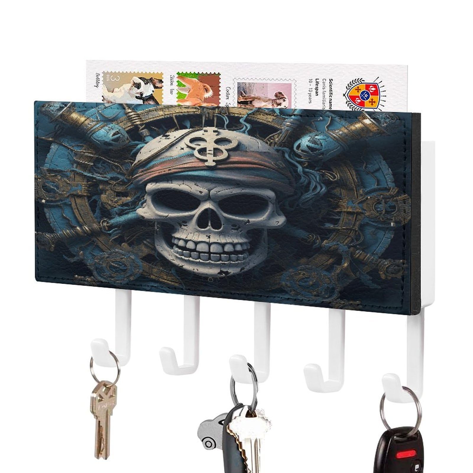 Fekiloot White-Style Skeleton Pirate Key Holder Wall Mount Key Hanger With 5 Hooks Decorative Key Rack Hanging Key Hooks With Mail Organizer Key Holder For Wall Living Room Kitchen Bathroom Hallway White