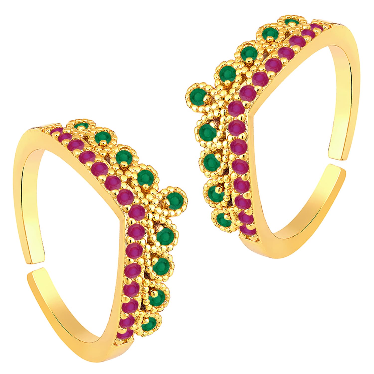 Rani Pink Green Cubic Zirconia Studded Fancy Toe Ring Adjustable Gold Plated Bichiya Fashion Jewellery