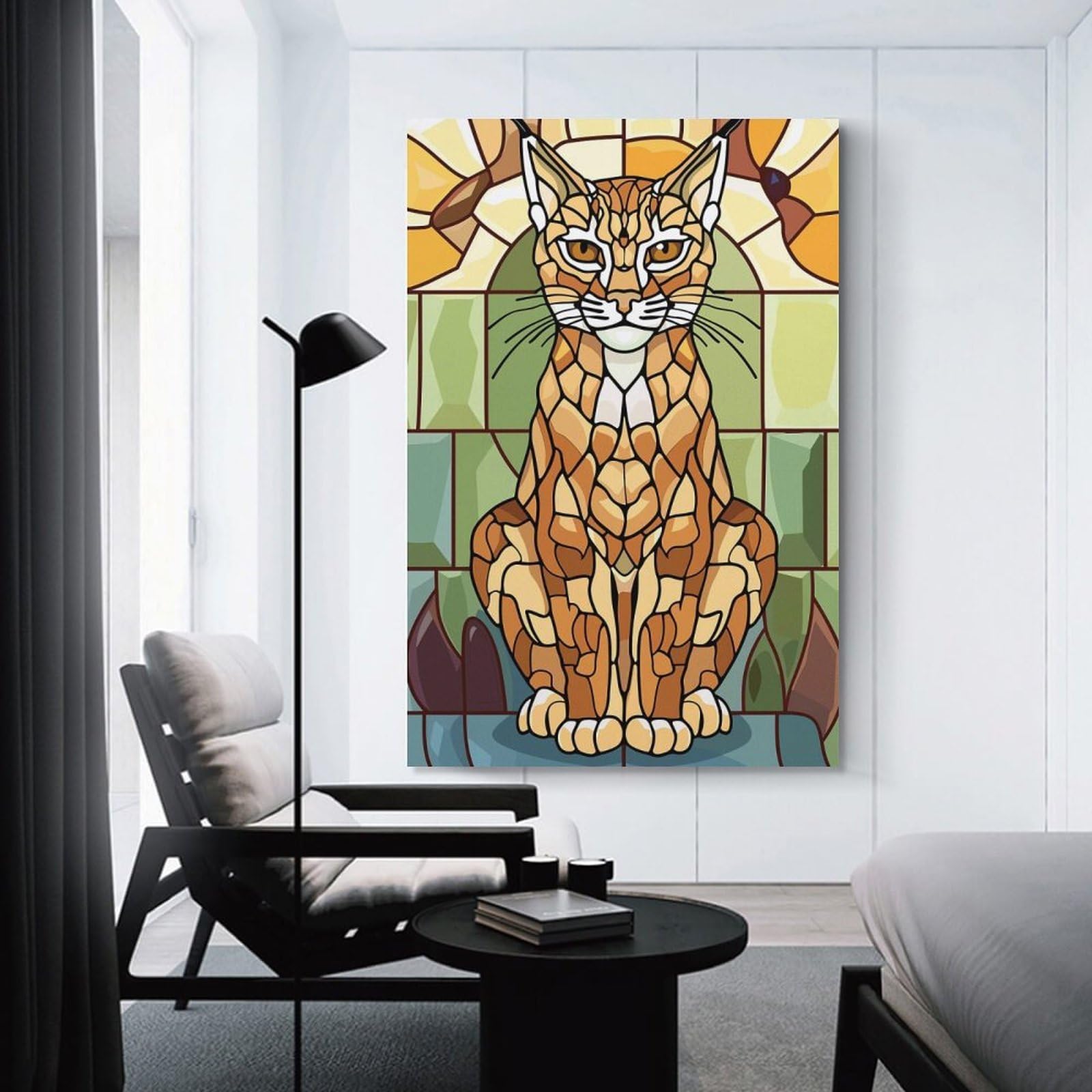 Junmoney Wall Picture Print Stained Glass Lynx, 12x18inch(30x45cm), for Wall Displays, Bedrooms Or Room Updates, Wall Decor Suited to Curated Displays