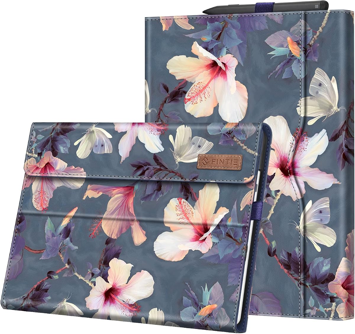 Fintie Portfolio Case for 13 inch Microsoft Surface Pro 12th (2026)/11/10/9 | Multiple Angle Viewing Business Cover, Pocket, Stylus Holder, Type Cover Keyboard Compatible, Blooming Hibiscus