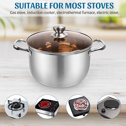 Miniatura 5 de Olla de 6 cuartos de galón, olla de pasta de acero inoxidable con tapa de vidrio marrón templado para inducciónelectricidadgascerámica, apta para