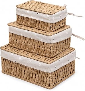 Woven Basket with Lid, Set of 3 Nesting Baskets - Khaki | Bathroom, Bedroom, Closet & Shelf Storage, Basket with Liner, Small Medium Large Nesting Set, Decorative Gift Baskets
