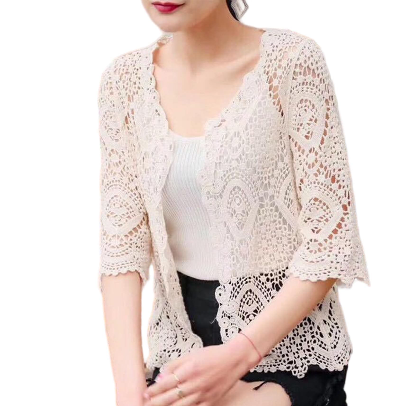 Cardigan all'Uncinetto Protezione Solare in Morbido Cotone Floreale Maniche a 3/4 Aperto sul Davanti Cardigan in Pizzo Estivo scolpito all'Uncinetto per Top da Donna