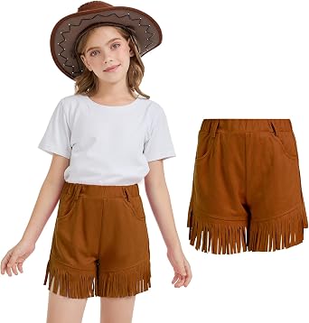 Western Cowgirl Outfit for Kids Short 60s 70s Hippie Fringe Shorts Faux Suede Tassel Leather Shorts Hallowee