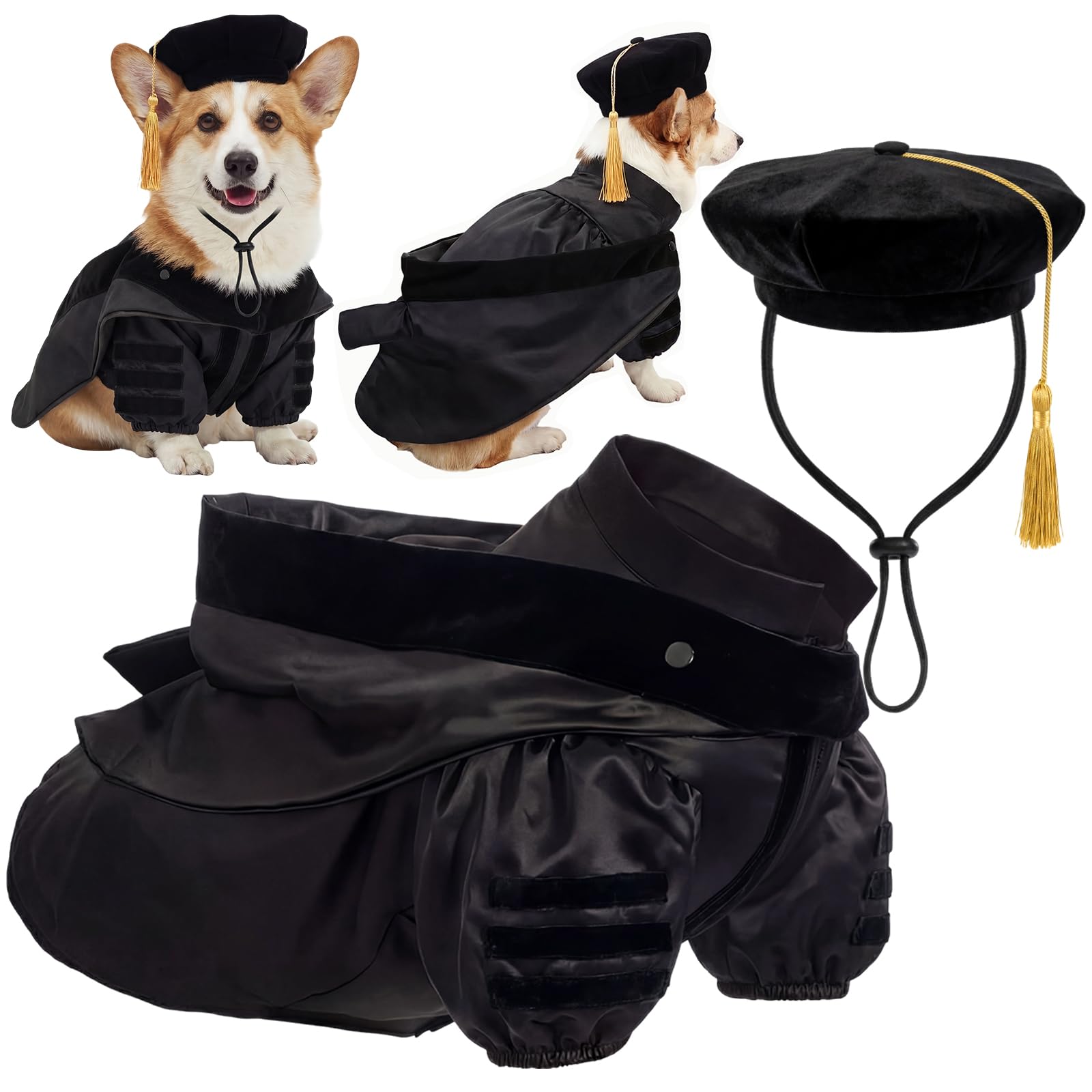 Photo 1 of Huhumy 3 Pcs Dog Cat Graduation Doctoral Costume Set, 2026 Pet Phd Graduation Cap and Deluxe Doctoral Gown with Hood Side Tam Puppy Kitty Dogs Grad Holiday Party Costume Accessory(Black,L)