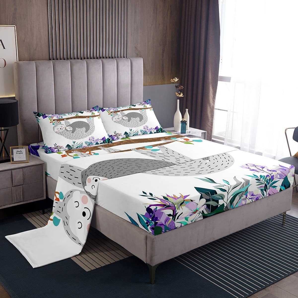 Erosebridal Sloth Bed Sheet Set, Queen Size Lovely Sloth on Tree Bed