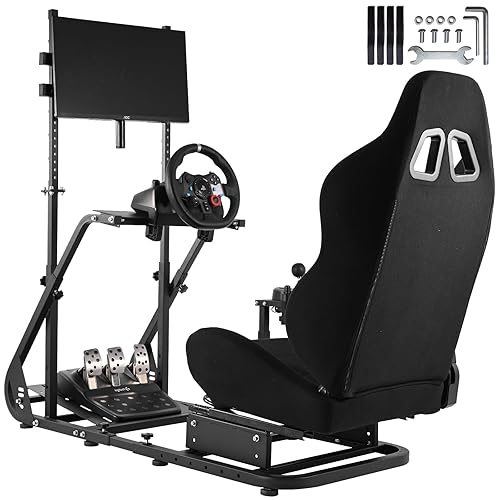 Miniatura 2 de Anman G25 Pro TV VR Sim Racing Simulator Cockpit Black Seat with Visualizer Monitor Stand Fit for LogitechThrustmasterFanatec G25 G27 G29 G920 G923