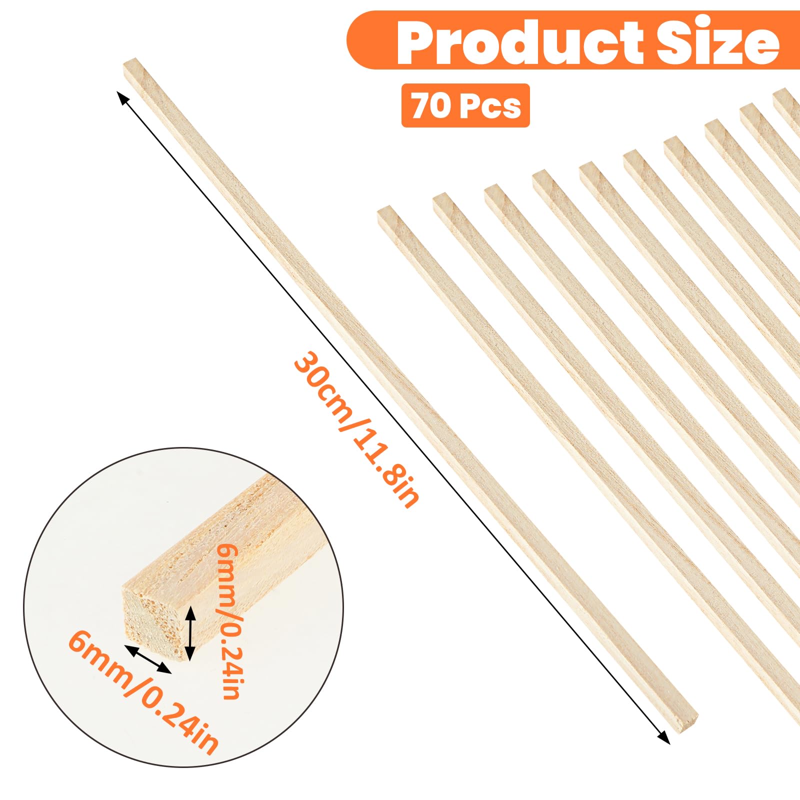 70 varillas de madera para manualidades, 30 cm x 6 mm, para manualidades