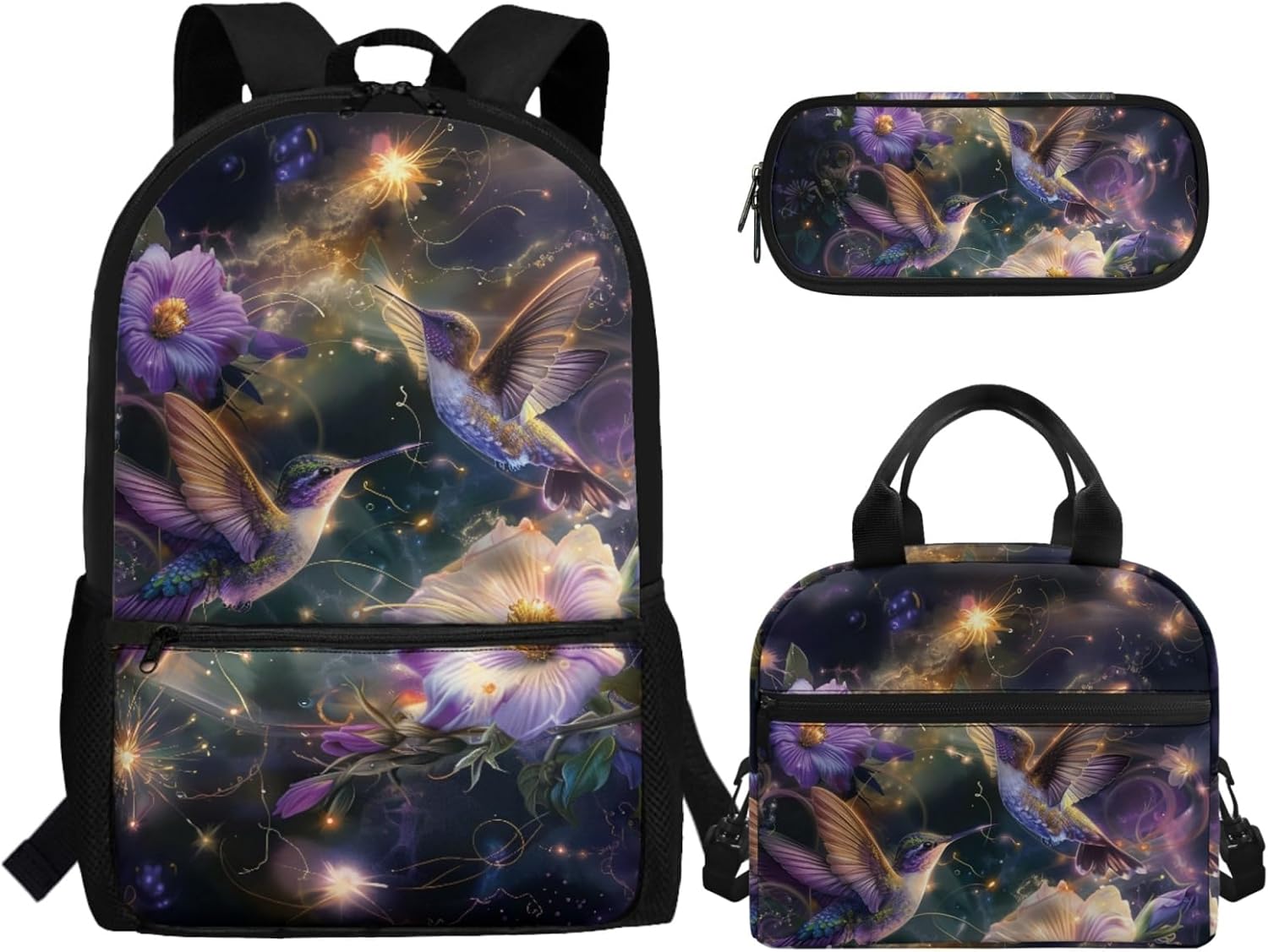 Hummingbird Flower 17 Inch Backpack Set School Bag with Insulated Lunch Portable Bag Pencil Holder Organizer 3 Piece for Children Boys Girls Teens Schoolbag Knapsack