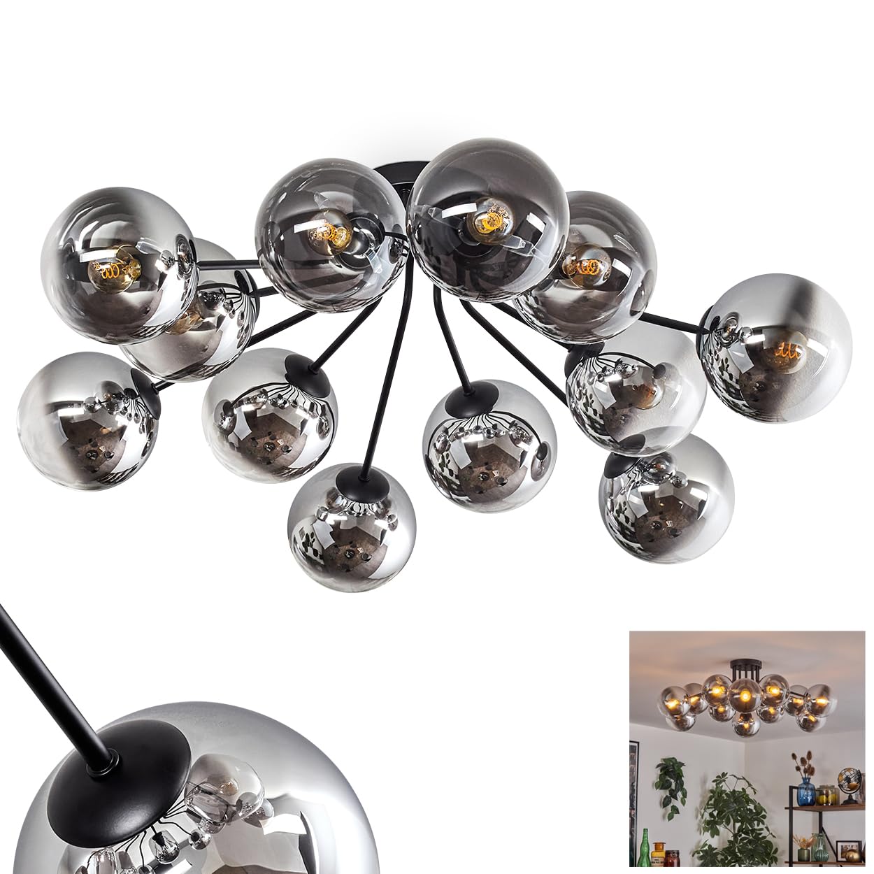 Gastor Ceiling Light, Ceiling lamp Made of Metal/Glass in Black/Chrome/Smoke/Clear, luminaire in a Modern Retro/Vintage Design with Glass Shades (Ø 15 cm), 12 x E14, Without Light Source