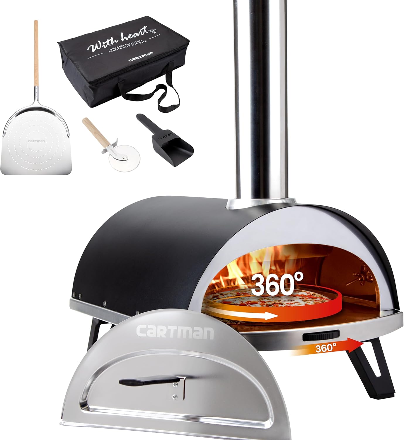 Cartman Outdoor 12" Wood Fired Pizza Oven & Pizza Cutter & Peel & Pellet Shovel & Carry Bag