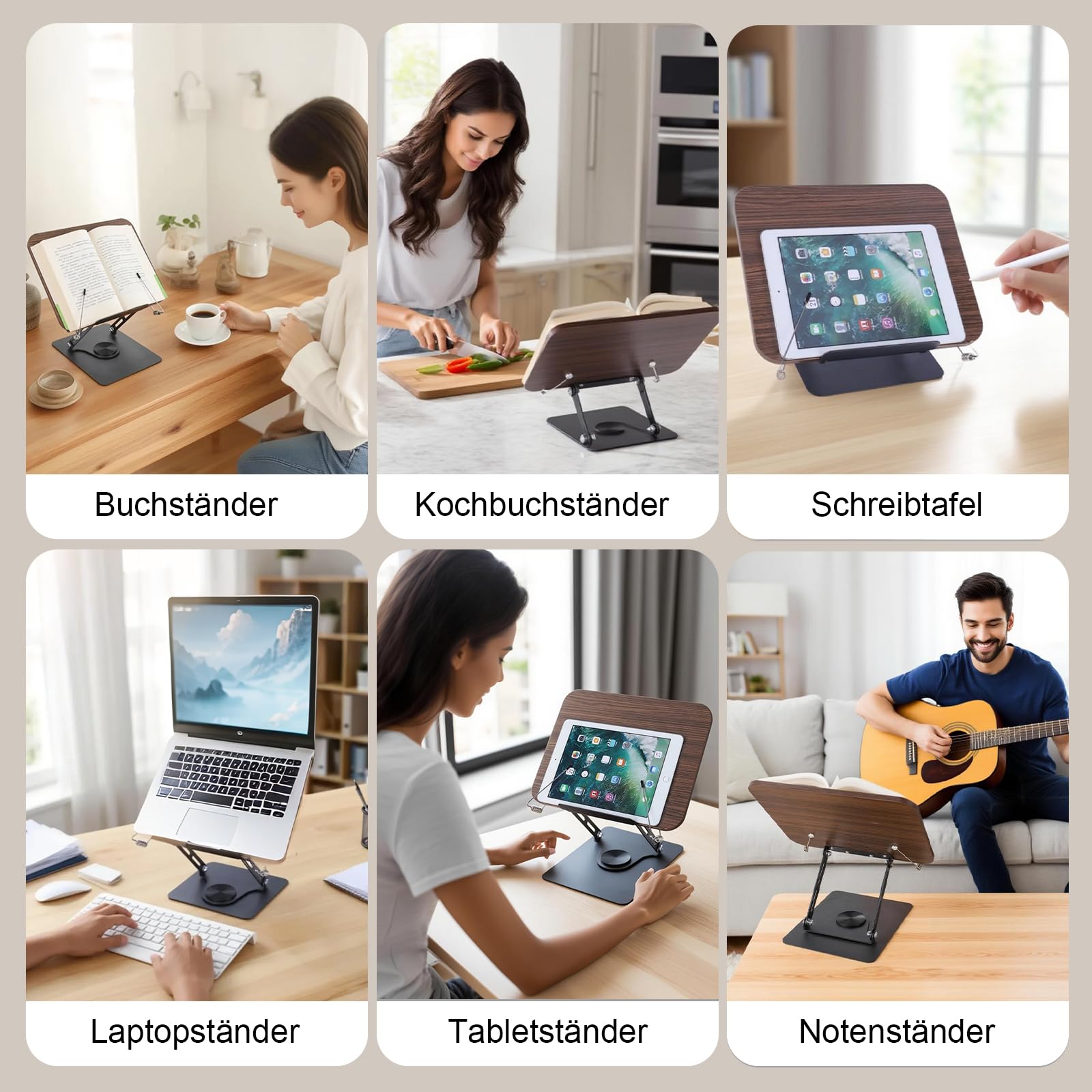 Buchständer Holz Mit 360° Drehbare Basis, Verstellbarer Buchhalter Leseständer Mit Klappbar Und Tragbar,Kochbuchhalter Mit Seitenclip, Leicht Für Büro, Küche, Schule, Lehrbuch, Zeitschrift, Tablet