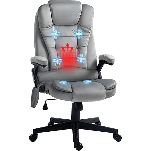 HOMCOM 6 Point Vibrating Massage Office Chair with Heat, Velvet High Back Executive Office Chair with Reclining Backrest, Padded Armrests and Remote, Gray
