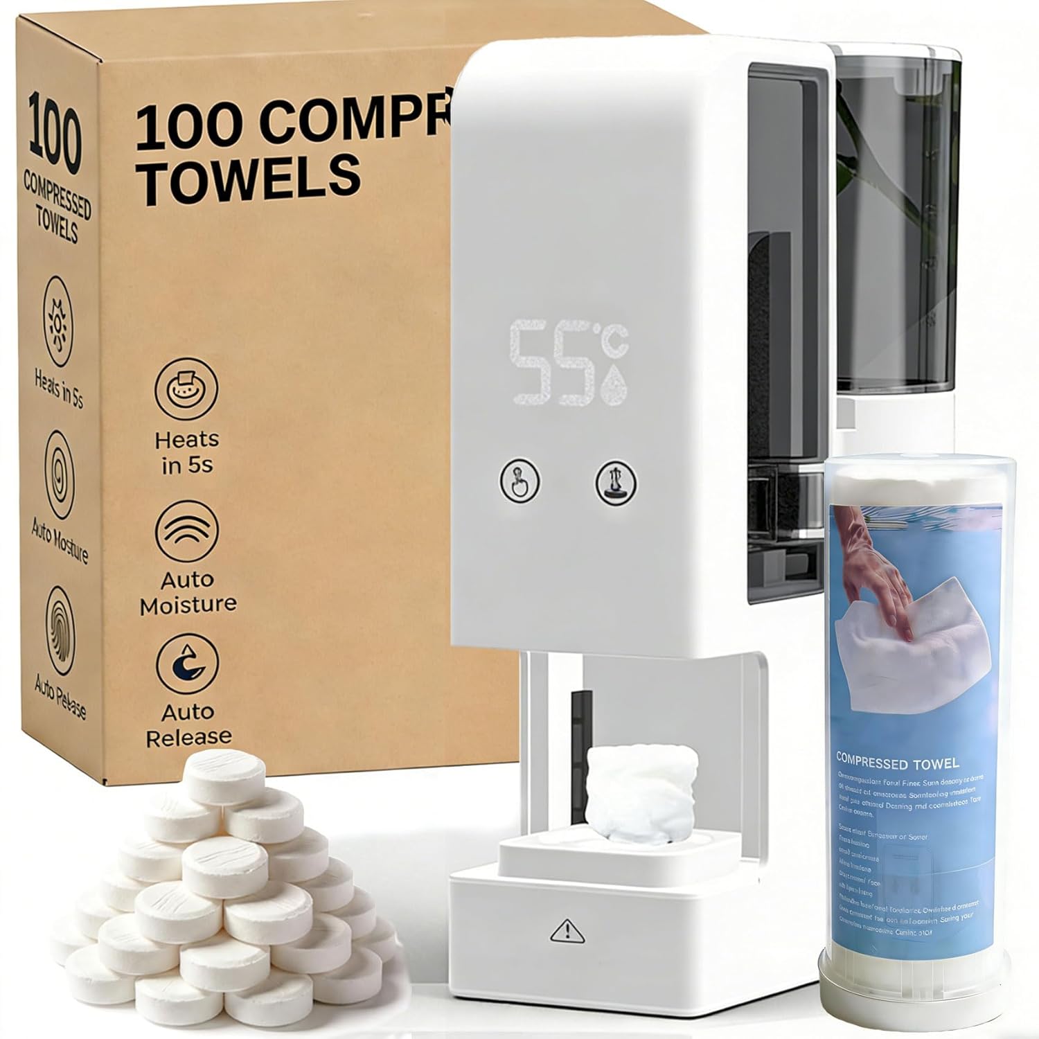 Hot Face Towel Heater Machine, Intelligent Disposable Towel Heating and Compression, 5-Second Warming, Portable Compressed Towels Steamer for Facials, Spa, Cleaning, White