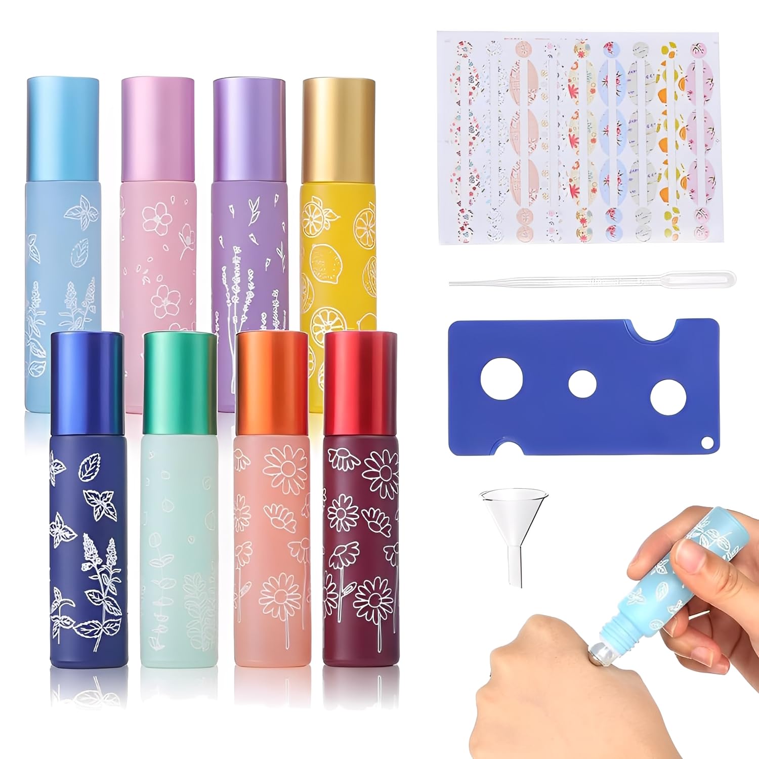 8 sztuk 10 ml butelki na olejki eteryczne z lejkiem, słomki, wyciskarka do koralików, przenośnych, do wielokrotnego napełniania, do olejków eterycznych, perfum, balsamów, masażu, olejków aromatycznych, w zestawie z naklejką