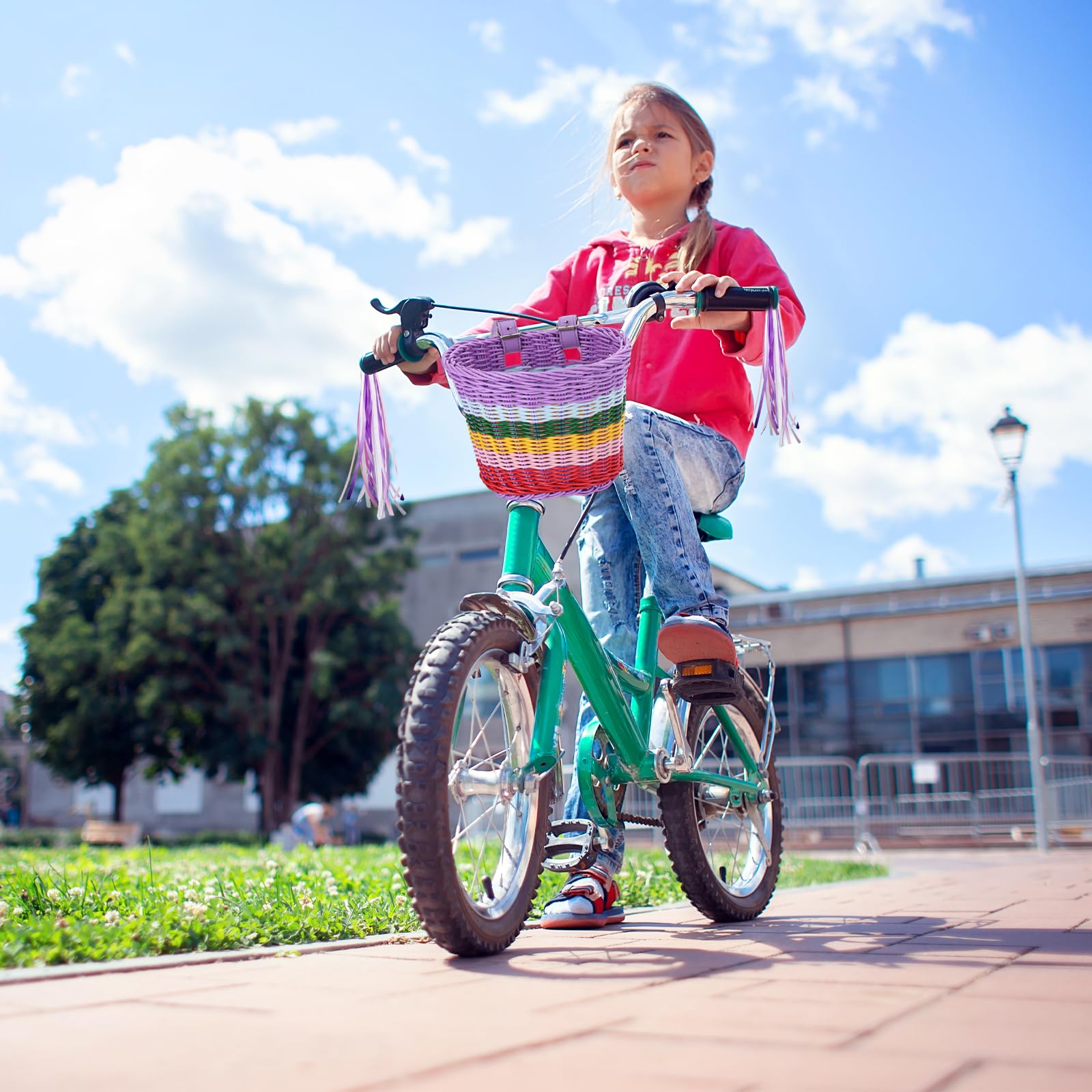 Cestino da bicicletta per bambini, cestino per bicicletta per bambini, cestini per bici rimovibili intrecciati con nappa per bicicletta e campanello, accessori per bici