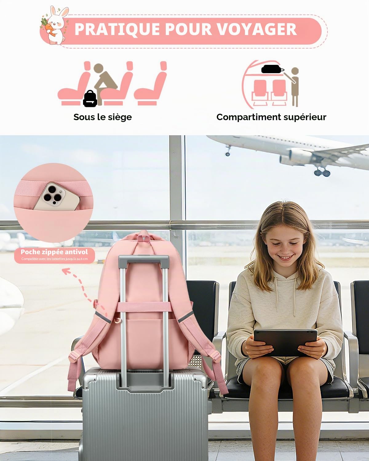 Amythe Cartable Fille Primaire, Sac à Dos Scolaire Léger en Nylon pour Filles, Tendance Sac d’École College pour les Voyages avec Pendentif, Convient aux Chariot, Rose