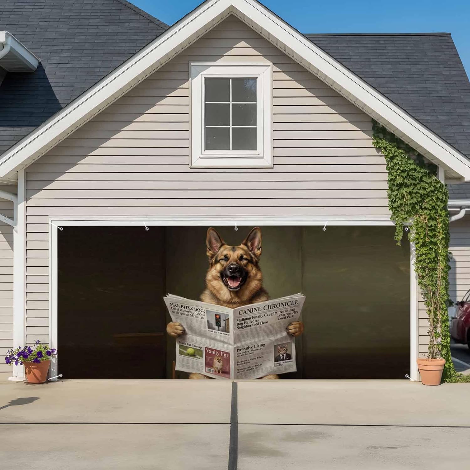 Funny Dog Puppy Garage Door Banner Decorations 6.9 x 16ft Cute German Shepherd Cartoon Newspaper Toilet Large Garage Door Covers Decorative Backdrop Banners for Indoor Outdoor Photography Background