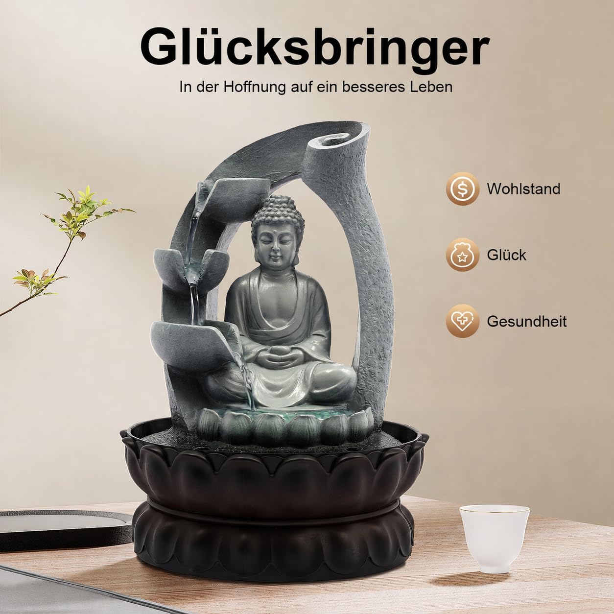 Zimmerbrunnen mit Buddha, 21 * 28cm Tischbrunnen mit LED Beleuchtung und Geräuschloser Pumpe für Heimdekoration, Teehäuser, Clubs, Geschäftsräume