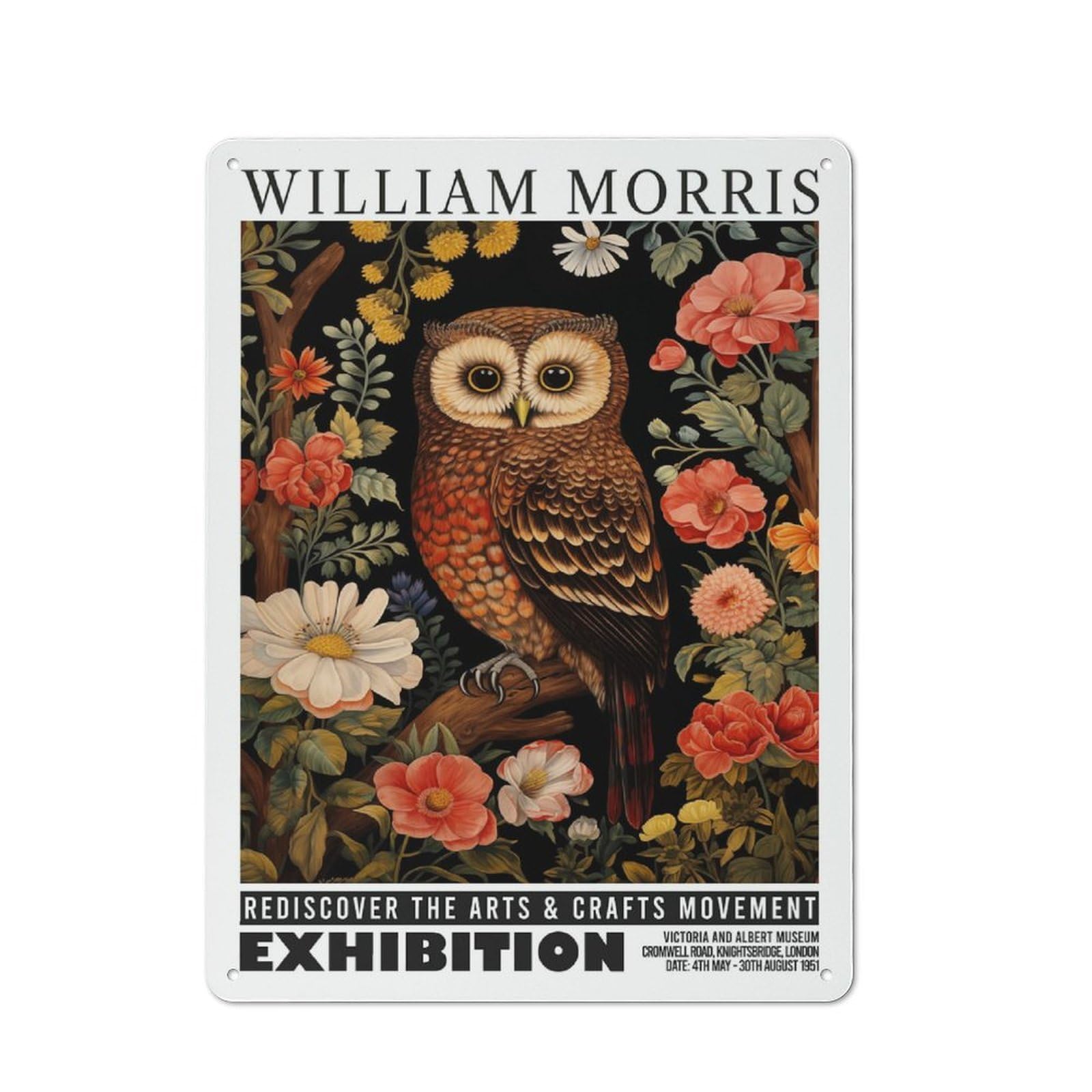 Junmoney Style-13 Farmhouse Rustic Metal Sign 40X30cm Featuring William Morris Owl Floral Exhibition, Farmhouse Wall Decor For Dining Room, Cafe, Entryway Or Family Room